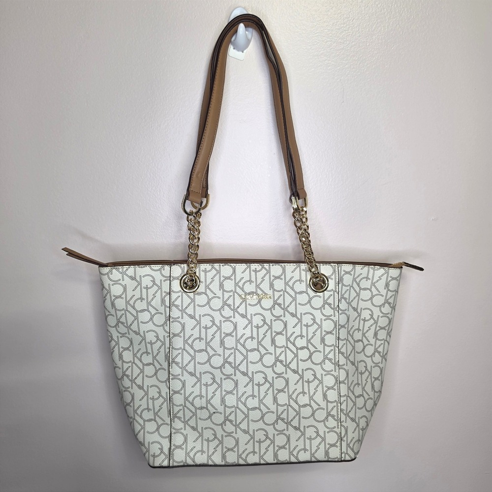 Calvin Klein Monogram Tote Bag Large Office Siren Y2K Corporate Chic Chain Purse